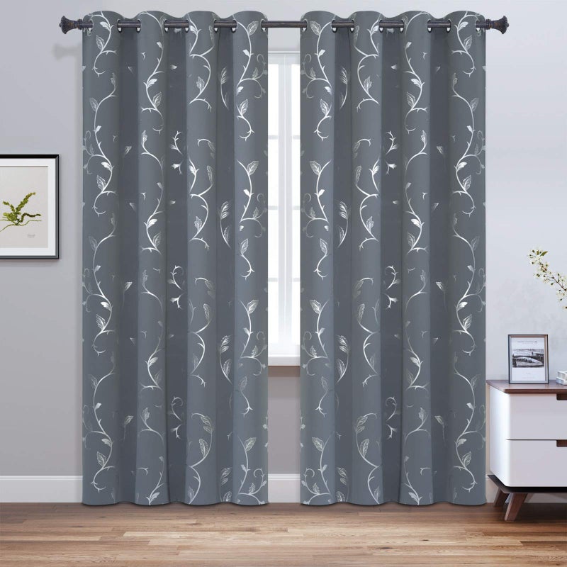 BUHUA Striped Blackout Curtains Grommet Top Wave Vine Pattern Room Darkening Curtains for Patio Door 52Wx84L Light Grey 2 Panels - Image 2
